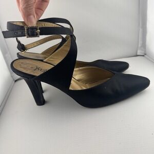 Yves Saint Laurent Womens Black Satin Ankle Strap Rhinestone Buckle Heels YSL 8